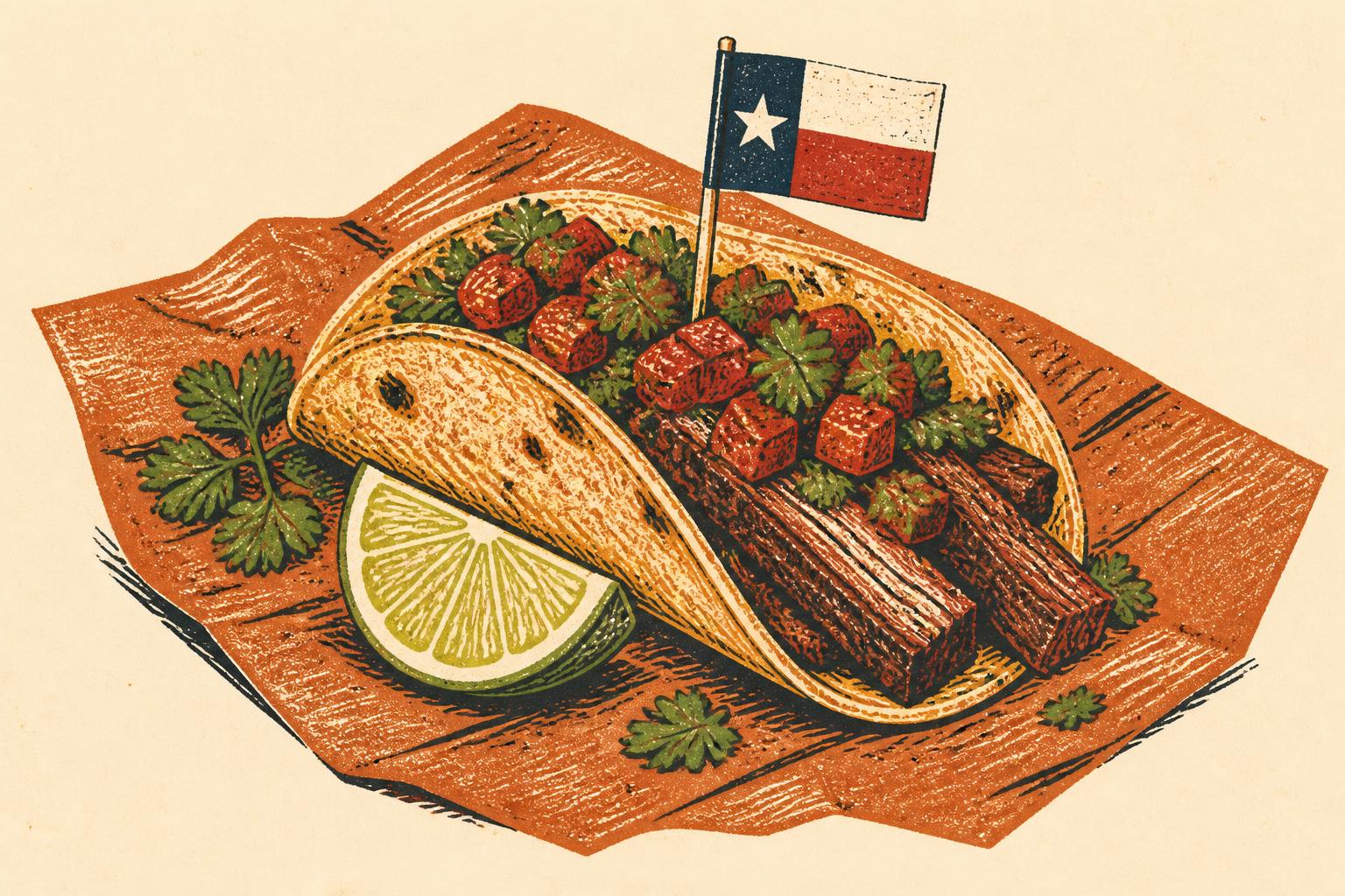 Brisket taco with a Texas flag toothpick, on butcher paper, woodblock print