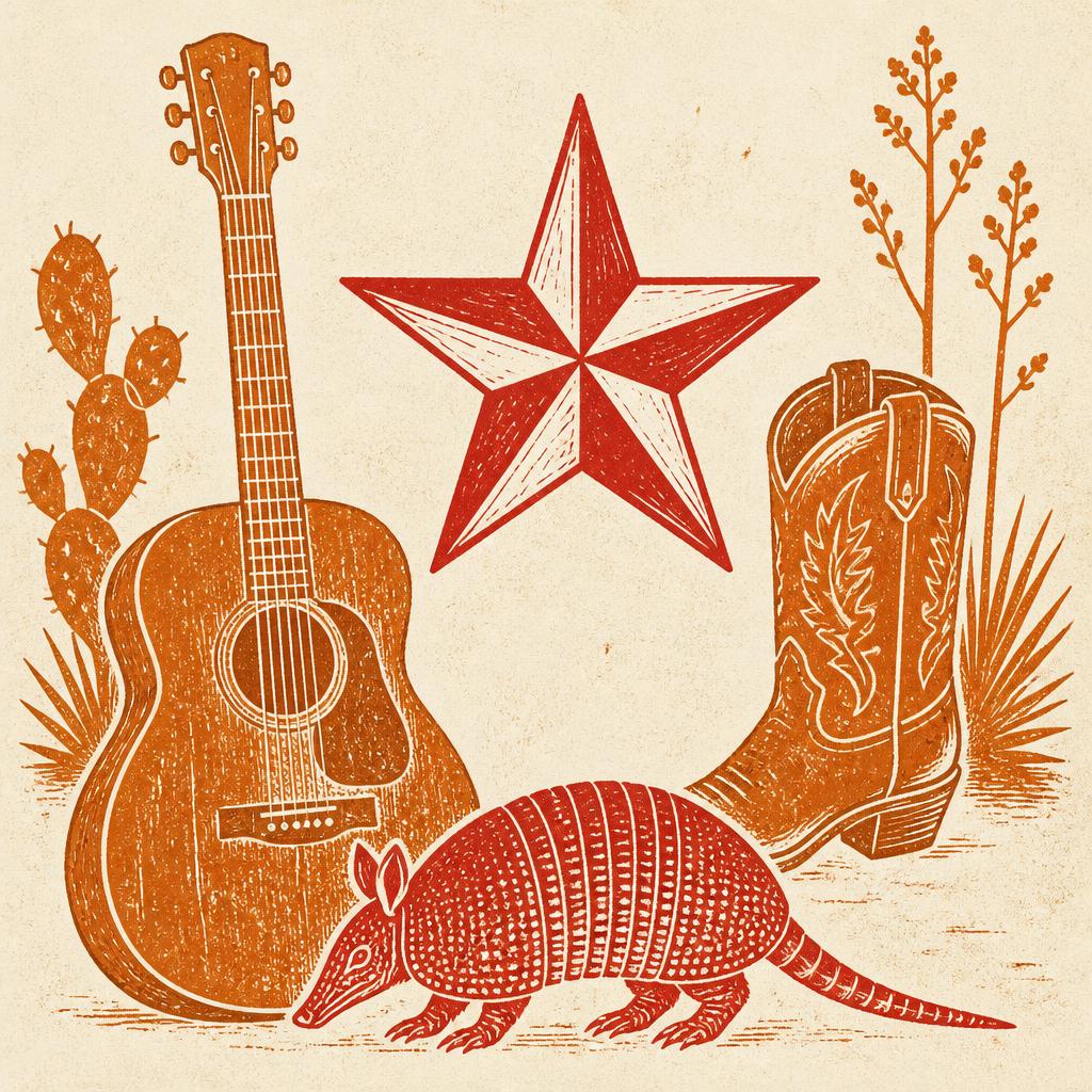 Guitar, cowboy boot, armadillo, and Lone Star woodblock illustration for the Taco Takes SXSW playlist